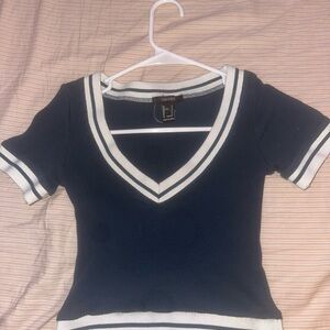 Navy and White V-Neck Top